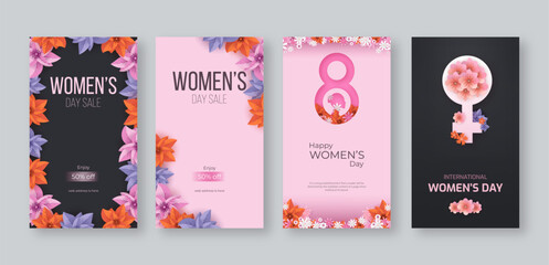 International Women's Day illustration, March 8 Women's Day sale banner social media post web banner, Instagram story template - obrazy, fototapety, plakaty