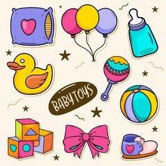 Baby shower and toys collection set. hand draw style