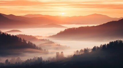 Fototapeta na wymiar Foggy winter sunrise in the mountains. Landscape with morning fog. Generative AI