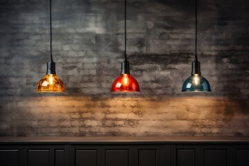 Colorful Pendant Lights Hanging from Brick Wall AI Generated