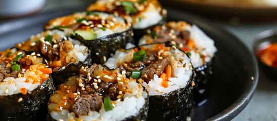 Delicious Korean Kimbab Rice Rolls: A Mouthwatering Street Food Delight - obrazy, fototapety, plakaty