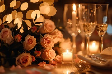 An intimate dinner setup with flickering candles, fine dining settings, and a table adorned with roses. The soft glow highlights the couple sharing a special moment, immersed in love and conversation.