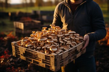 Framer Holding a Basket of Mushrooms on Farm AI Generated