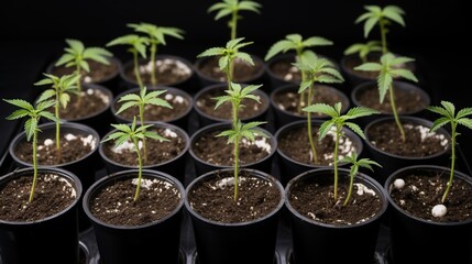 Small cannabis plants growing in pots - obrazy, fototapety, plakaty