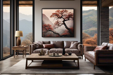 Create a soothing atmosphere in your living room with a simple frame adorned with a picturesque nature painting, bringing the allure of the outdoors inside.