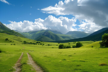 a dirt vehicle trial through green landscape in the mountains