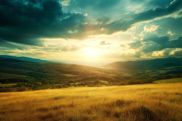 Rolling hills and sunset over the field