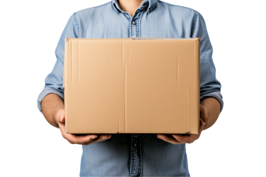 Smiling businessman carrying a cardboard box for delivery - Powered by Adobe