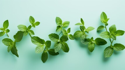 Fresh green mint leaves on blue background. Flat lay, top view Generative AI
