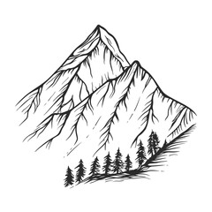 Rocky mountains in the forest. Vector illustration of a hand drawn sketch