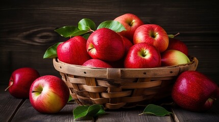 Naklejka na ściany i meble Ripe red apples in a wicker basket on a wooden background Generative AI