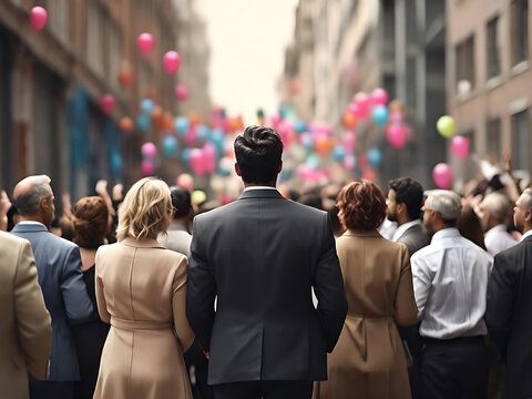 Back view of large group of business people celebrating in the street in crowd, hyper realistic, selective focus, crowded