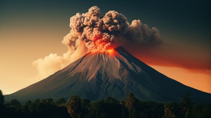 Volcano eruption at sunset, 3D illustration of active volcano eruption Generative AI