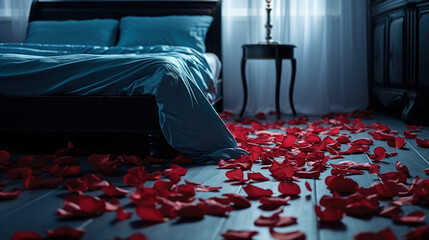 Interior of bedroom with bed closeup shot, wooden floor and flower petals on floor. Created with Ai