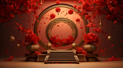 Beautiful Chinese background for Chinese New Year Chinese Festivals Mid Autumn Festival,,
A modern podium with red rose background. Pro Photo