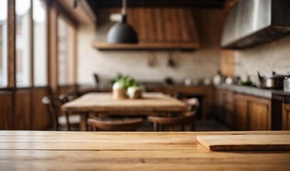 Obraz na płótnie Canvas Empty Wooden Table Surface, blurred kitchen interior background.