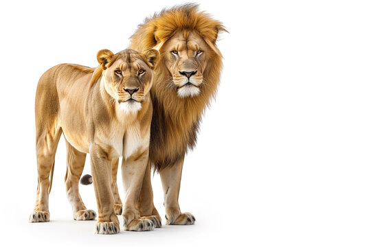 Lion and lioness are standing together, isolated on white background. Safari animals