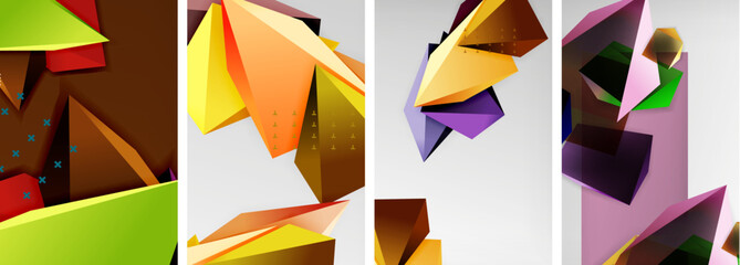 Trendy low poly 3d triangle shapes and other geometric elements background designs for wallpaper, business card, cover, poster, banner, brochure, header, website