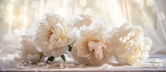 Stunning Selective Focus on White Peonies Adorning a Table - A Captivating Trio of Selective Focus, White Peonies Gracefully Illuminate the Table