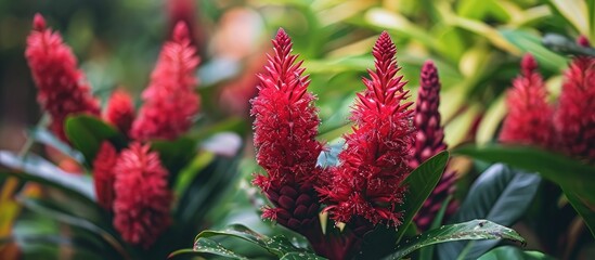Close-up photo of a stunning crimson rata plant outdoors in a tropical backyard. - obrazy, fototapety, plakaty
