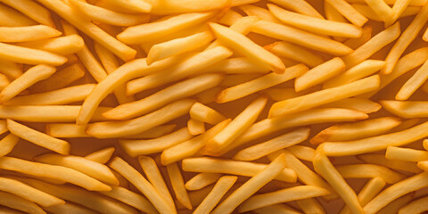 Seamless texture and fullframe background of piled french fries, A pile of french fries is shown on a table. 