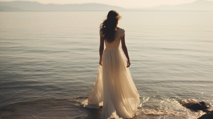 Fototapeta na wymiar Beautiful girl in a long white dress on the background of the sea. Generative AI