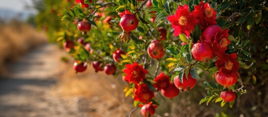 Obraz premium Red flowers and small fruits hanging from pomegranate shrubs along city roads in the American Southwest.