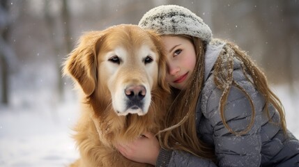 Girl Sitting in Snow Cuddling Golden Retriever Dog AI Generated