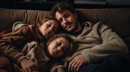 Father and his two daughters are lying on the sofa. They are happy and smiling. Generative AI