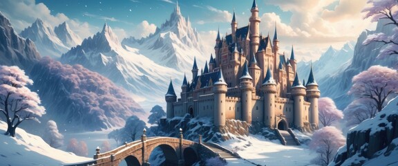 Majestic castle in the snow. Fantasy Art. Landscape background - obrazy, fototapety, plakaty