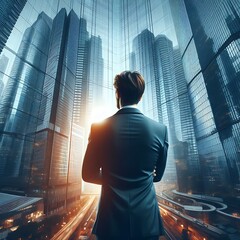 Back of Businessman in Suit, Modern Glass Buildings, Economic Market, Stock Investment, Financial Freedom, Portfolio, Company Profit, Strategic Planning Background.