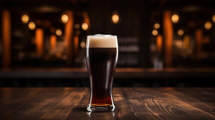 glass of dark beer on a wooden table in a pub or restaurant Generative AI - obrazy, fototapety, plakaty