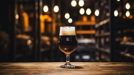 Glass of dark beer on a wooden table in a pub or restaurant Generative AI - obrazy, fototapety, plakaty