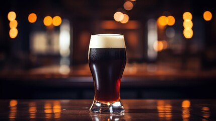 A pint of dark beer in a pub or restaurant. Close up. Generative AI - obrazy, fototapety, plakaty