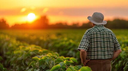 farmer standing in soybean field at sunset. generative ai