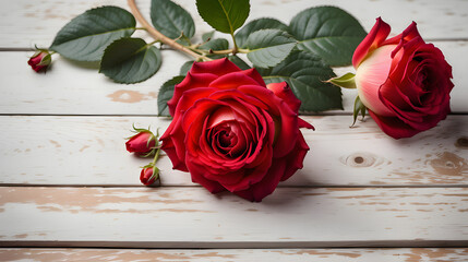 red, roses on wooden background, copy text, valentine's day