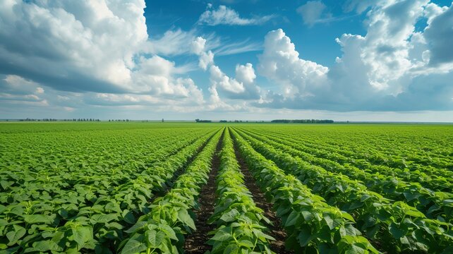 soybean farm agricultural field against sky. generative ai