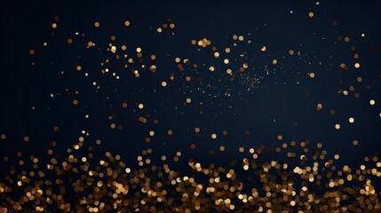 Gold glitter luxury sparkling confetti. Scattered small gold particles on dark blue background. Alive festive overlay template. Exquisite vector illustration. Generative AI