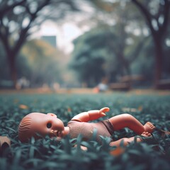 Abandoned doll on grass