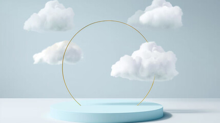 Background vector 3d blue rendering with podium and minimal cloud scene, minimal product display background 3d rendered geometric shape sky cloud blue pastel. Stage 3d render in cloud product platform