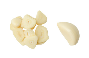 Top view set of garlic clove and slices or pieces isolated with clipping path in png file format