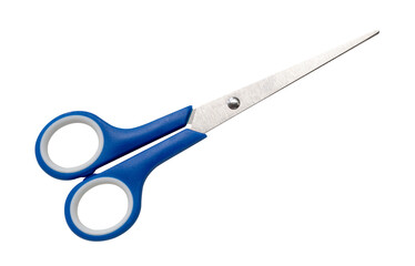 Top view of multipurpose scissors with blue handle is isolated with clipping path. in png file format