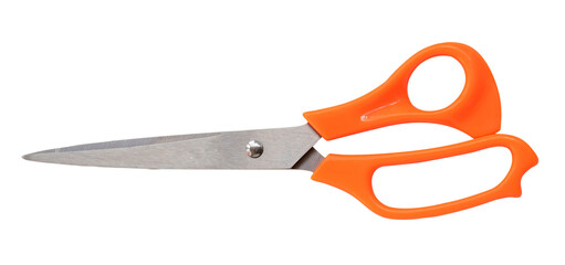Top view of multipurpose scissors with orange handle isolated with clipping path in png file format - obrazy, fototapety, plakaty