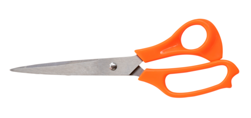Top view of multipurpose scissors with orange handle isolated with clipping path in png file format
