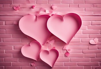 Valentines Day Flat pink light hearts text Concept Space Mothers space brick out Three simplicity cut lay Top paper minimalism background view wall copy hearts