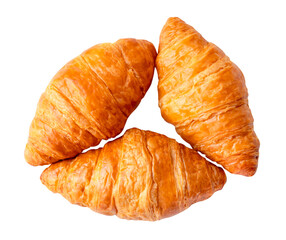 Top view set of three fresh croissants isolated on white background with clipping path