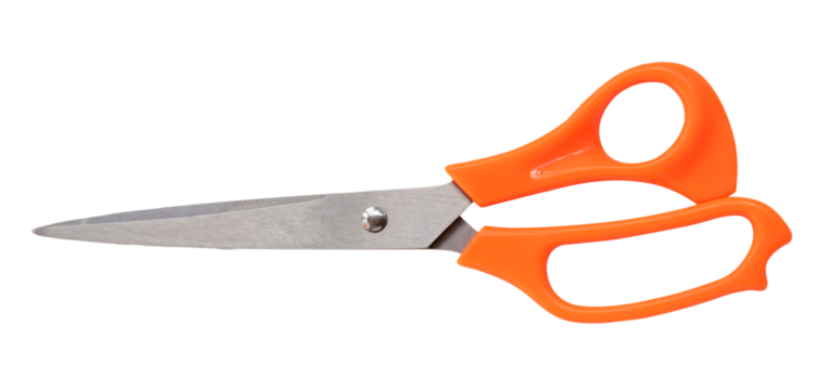 Top view of multipurpose scissors with orange handle isolated with clipping path in png file format