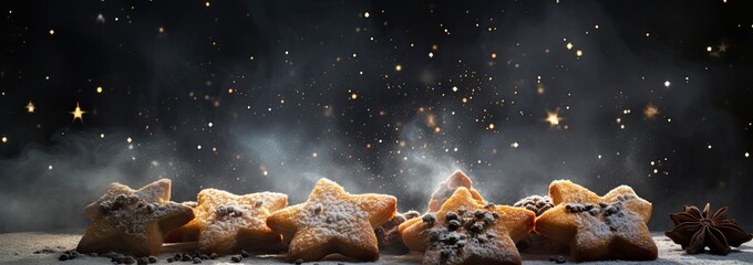 Cinnamon and shortbread cookies with powdered sugar and cinnamon on dark background. Star-shaped Christmas cookies with ingredients and festive decoration banner. Generative AI.