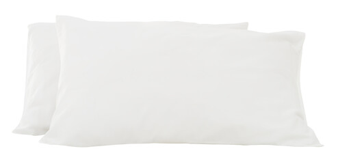 White pillows in stack after guest's use in hotel or resort room isolated on white background with...