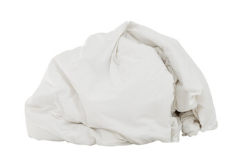 White crumpled blanket or bedclothes in hotel room leaved untidy and dirty after guest's use over night isolated on white background with clipping path